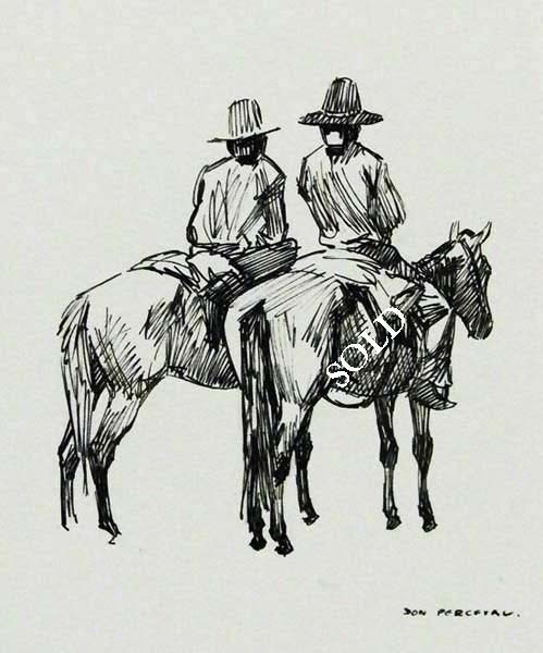 Pen and Ink- Two Navajo Men on Horseback by Don Lewis Perceval